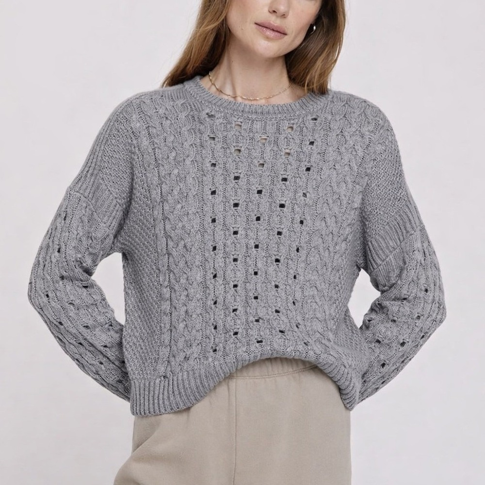 Spiritual Gangster Gray Cable Knit Gemma Wool Blend Sweater Size L Open Knit NWT